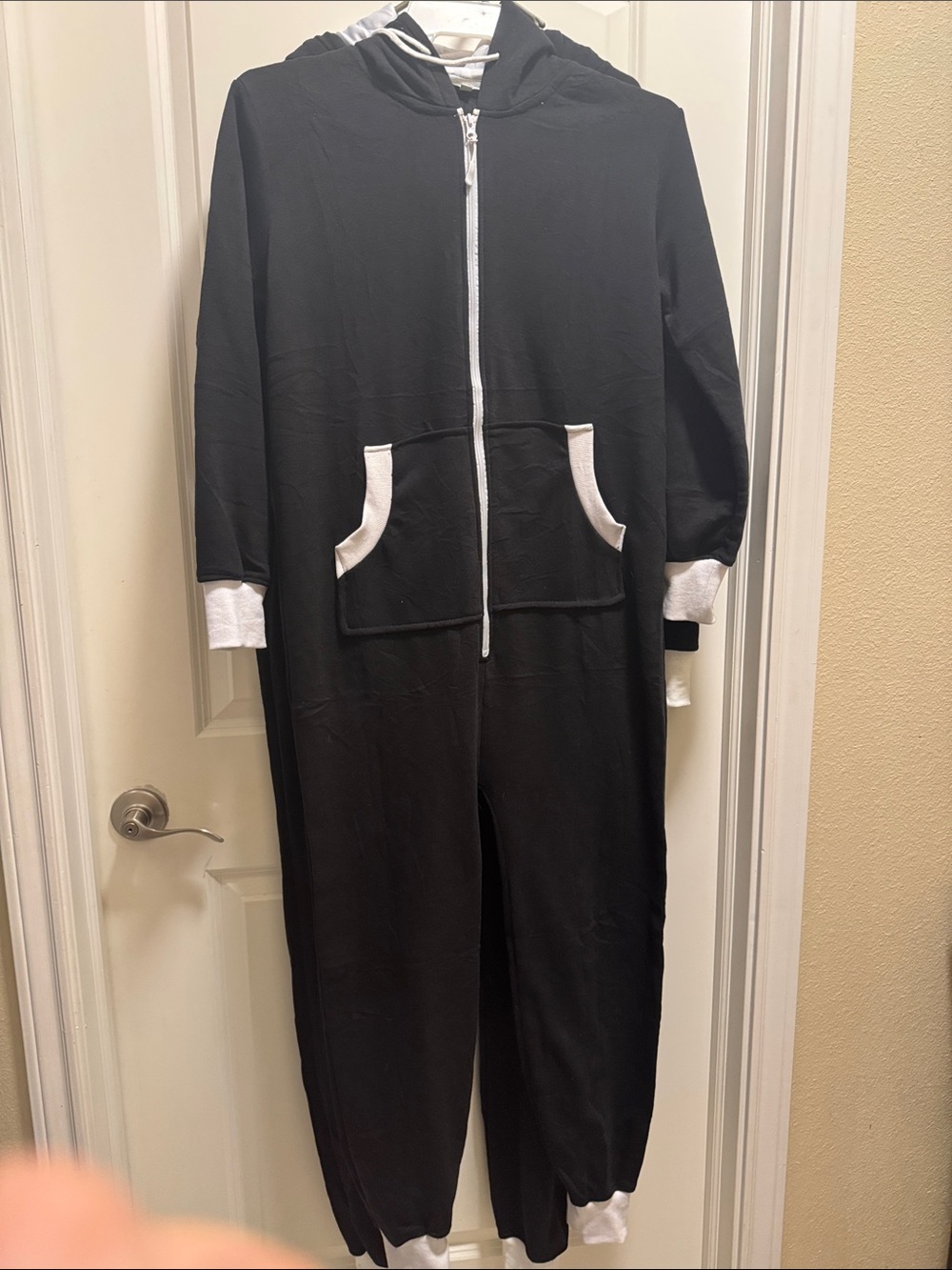 Black and White Hooded Zip-Up Pajama Onesie Woman S /XL